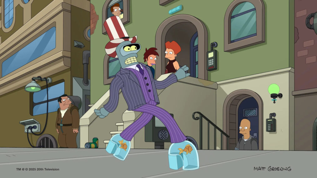 a robot walking down the street in a funky outfit