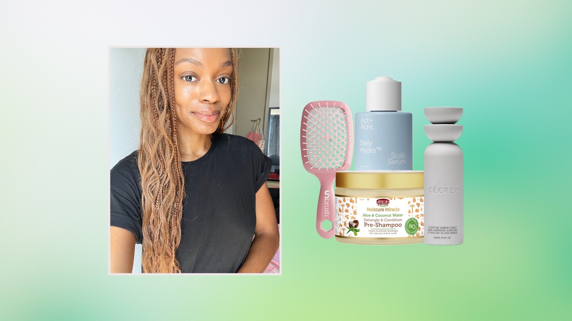 an edit featuring a selfie of a person with long braids next to a collage of hair products