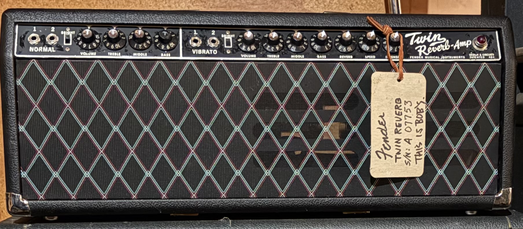 DO NOT USE WITHOUT PERMISSION. A photo of Bob Rock's Alexander Dumble–modified "Ultraphonix" blackface Fender Twin Reverb.