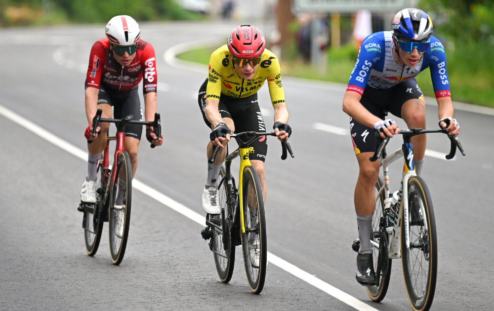 Lennert Van Eetvelt of Belgium and Team Lotto Intermarche, Jonas Vingegaard of Denmark and Team Visma | Lease a Bike and Giulio Pellizzari of Italy and Team Red Bull - BORA - hansgrohe 