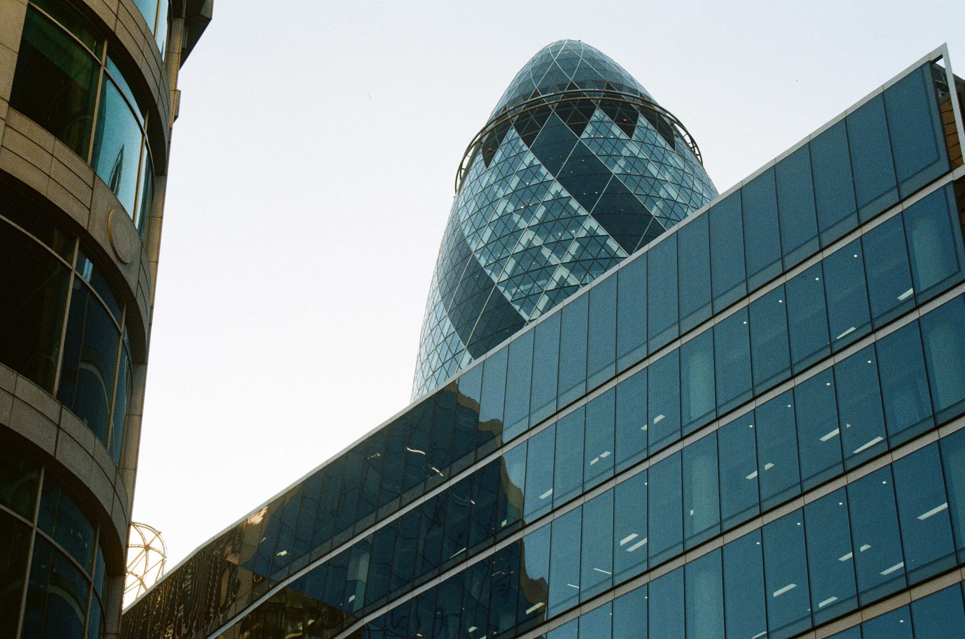 Sample image of Kodak Kodacolor 100 showing architectural detail of London's Gherkin and other glass buildings.