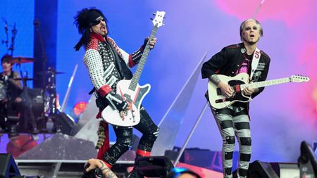 Nikki Sixx and John 5 of M&ouml;tley Cr&uuml;e perform live for the "The World Tour" at Sheffield Bramall Lane on May 22, 2023 in Sheffield, England