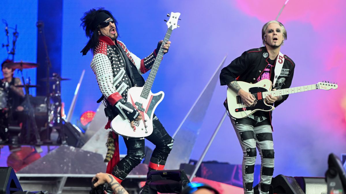 Nikki Sixx and John 5 of M&ouml;tley Cr&uuml;e perform live for the "The World Tour" at Sheffield Bramall Lane on May 22, 2023 in Sheffield, England