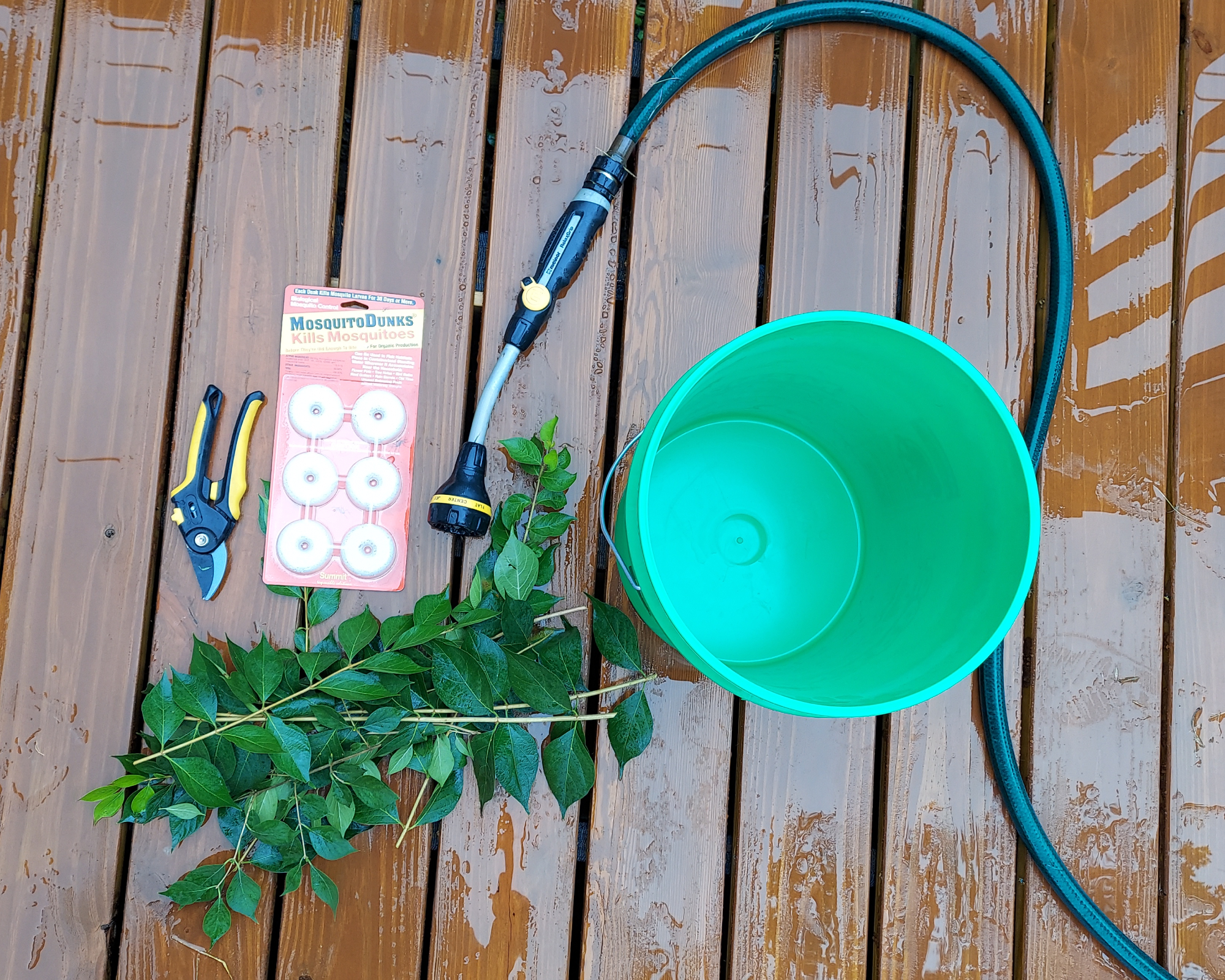 Supplies for creating a mosquito bucket of doom laid out on deck