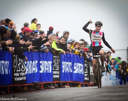 Jeremy Powers (Rapha-Focus) celebrates his win in front of the large Gloucester crowd