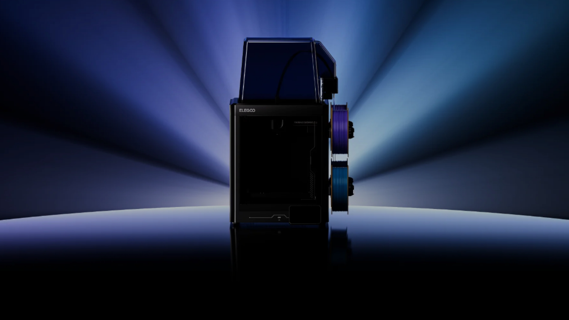 Elegoo Centauri Carbon 2 Combo, cast in shadow with blue light rays behind it