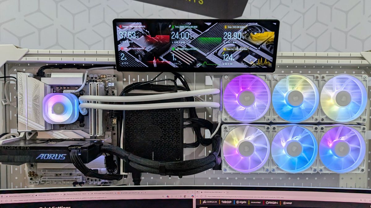 Open air Platform:6 pegboard concept build using Corsair Xeneon Edge at Computex 2025