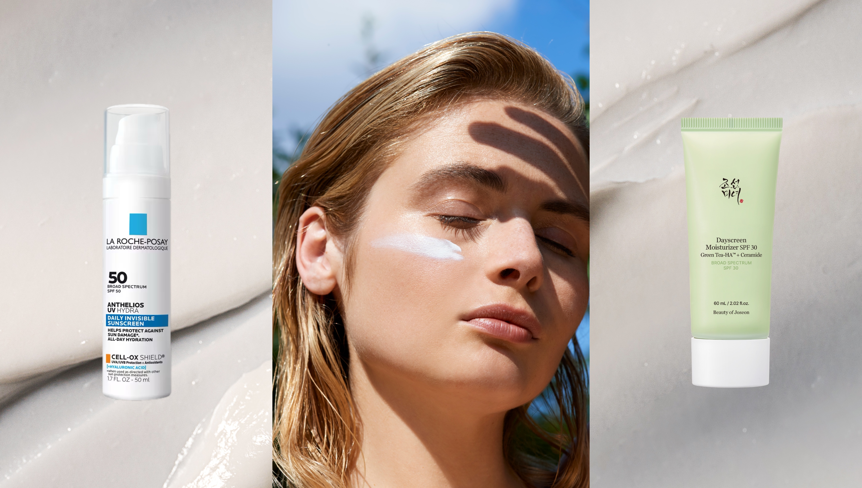 two bottles of sunscreen on a white cream background flanking a blonde woman with her hand blocking the sun from her face