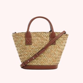 flat lay image of a raffia handbag