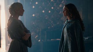 Rhaenyra (Emma D'Arcy) and Alicent (Olivia Cooke) mid-conversation as seen in "House of the Dragon" season 2 episode 8