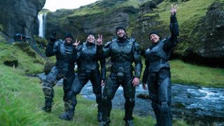 Members of the Halo season 2 cast on location in Iceland in costume as UNSC Spartans