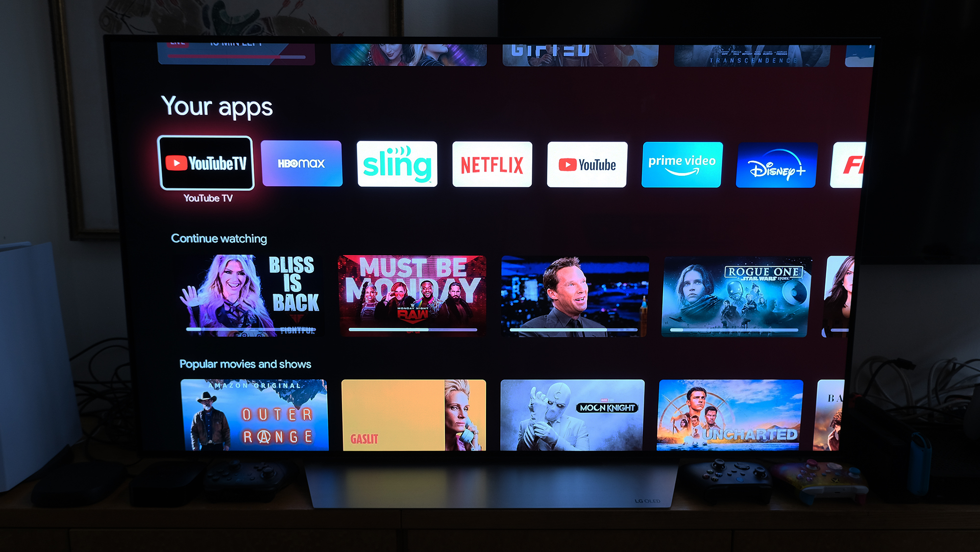 The apps and suggested content rows on the Chromecast with Google TV's home screen