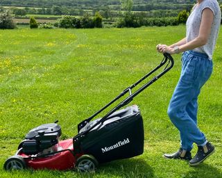 woman mowing a lawn with petrol lawn mower