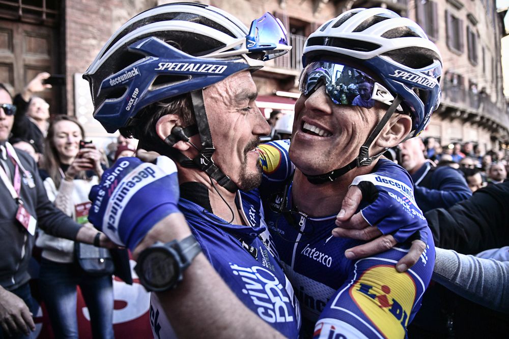 Julian Alaphilippe celebrates his Strade Bianche win with teammate and former winner Zdeneck Stybar