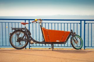 The box bike can be one of the best cargo bikes for transporting children. In this image a box bike is leaning up against railings with the blue sea and sky in the background