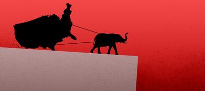 An elephant dragging America off a cliff.
