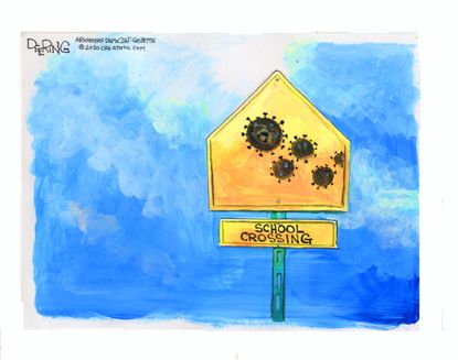 Editorial Cartoon U.S. Coronavirus School Crossing Reopening Debate COVID-19 Pandemic