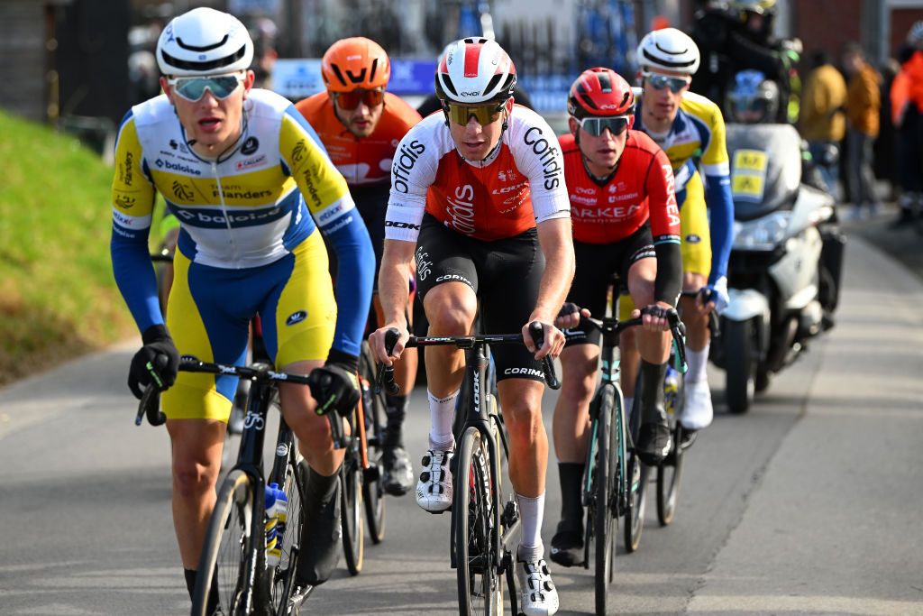 NINOVE BELGIUM FEBRUARY 25 Jelle Wallays of Belgium and Team Cofidis competes in the breakaway during the 78th Omloop Het Nieuwsblad Elite 2023 Mens Elite a 2073km one day race from Ghent to Ninove OHN23 on February 25 2023 in Ninove Belgium Photo by Luc ClaessenGetty Images