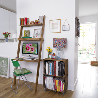 living room with ladder shelf