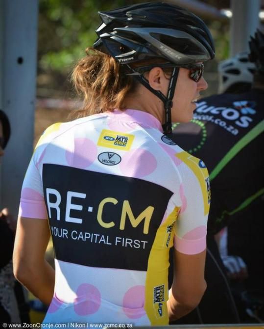 Team RE:CM's Ariane Kleinhans, wearing the MTN National Marathon Series Queen of the Mountains points leader's jersey, prepares for the start of of the 2013 MTN Ride Crater Cruise