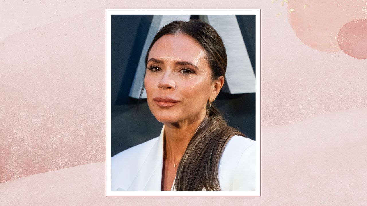 Victoria Beckham is pictured wearing a white blazer, with her hair up in a ponytail whilst attending the Netflix &#039;Beckham&#039; UK Premiere at The Curzon Mayfair on October 03, 2023 in London, England/ in a pink watercolour paint-style template