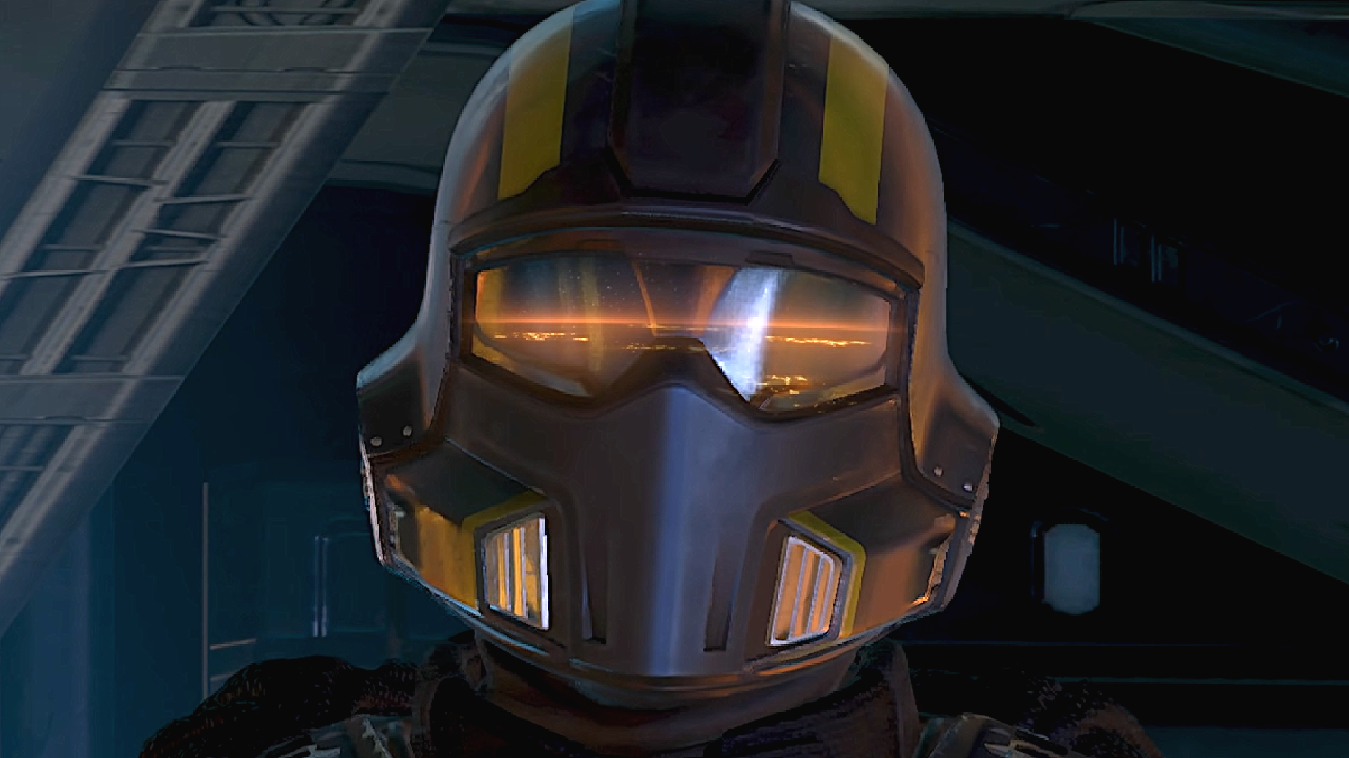A Helldiver looks out of their window in Helldivers 2, seeing a field of magma and volcanic activity reflected in their visor.