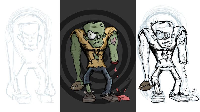 Digital sketches and final digital artwork of a cartoon zombie