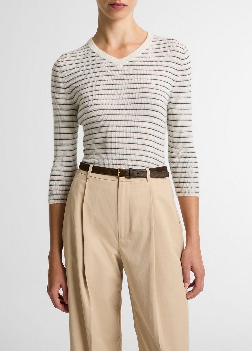 Striped Cashmere-Silk High V-Neck Sweater 