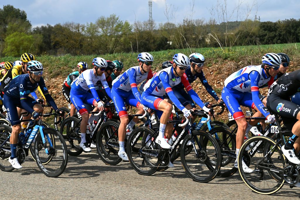 PERPIGNAN FRANCE MARCH 22 LR Alejandro Valverde Belmonte of Spain and Movistar Team Quentin Pacher of France blue points jersey Sbastien Reichenbach of Switzerland Matteo Badilatti of Switzerland and Team Groupama FDJ Carlos Verona Quintanilla of Spain and Movistar Team and Bruno Armirail of France and Team Groupama FDJ compete during the 101st Volta Ciclista a Catalunya 2022 Stage 2 a 2024km stage from LEscala to Perpignan VoltaCatalunya101 WorldTour on March 22 2022 in Perpignan France Photo by David RamosGetty Images