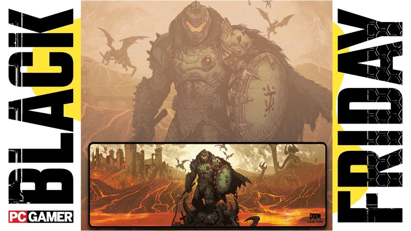 Doom key art on a mouse mat in between &quot;black friday&quot; text