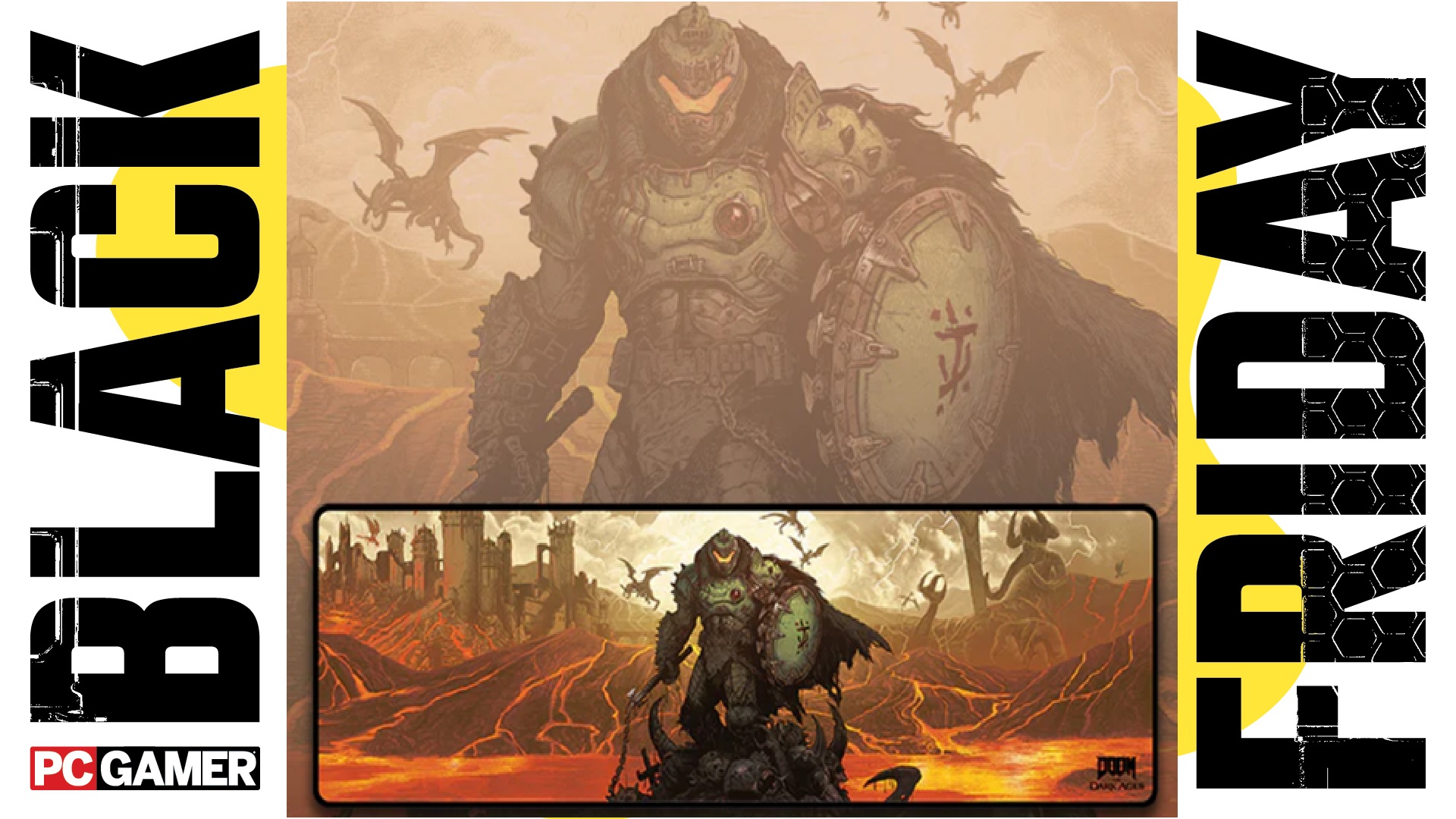 Doom key art on a mouse mat in between &quot;black friday&quot; text