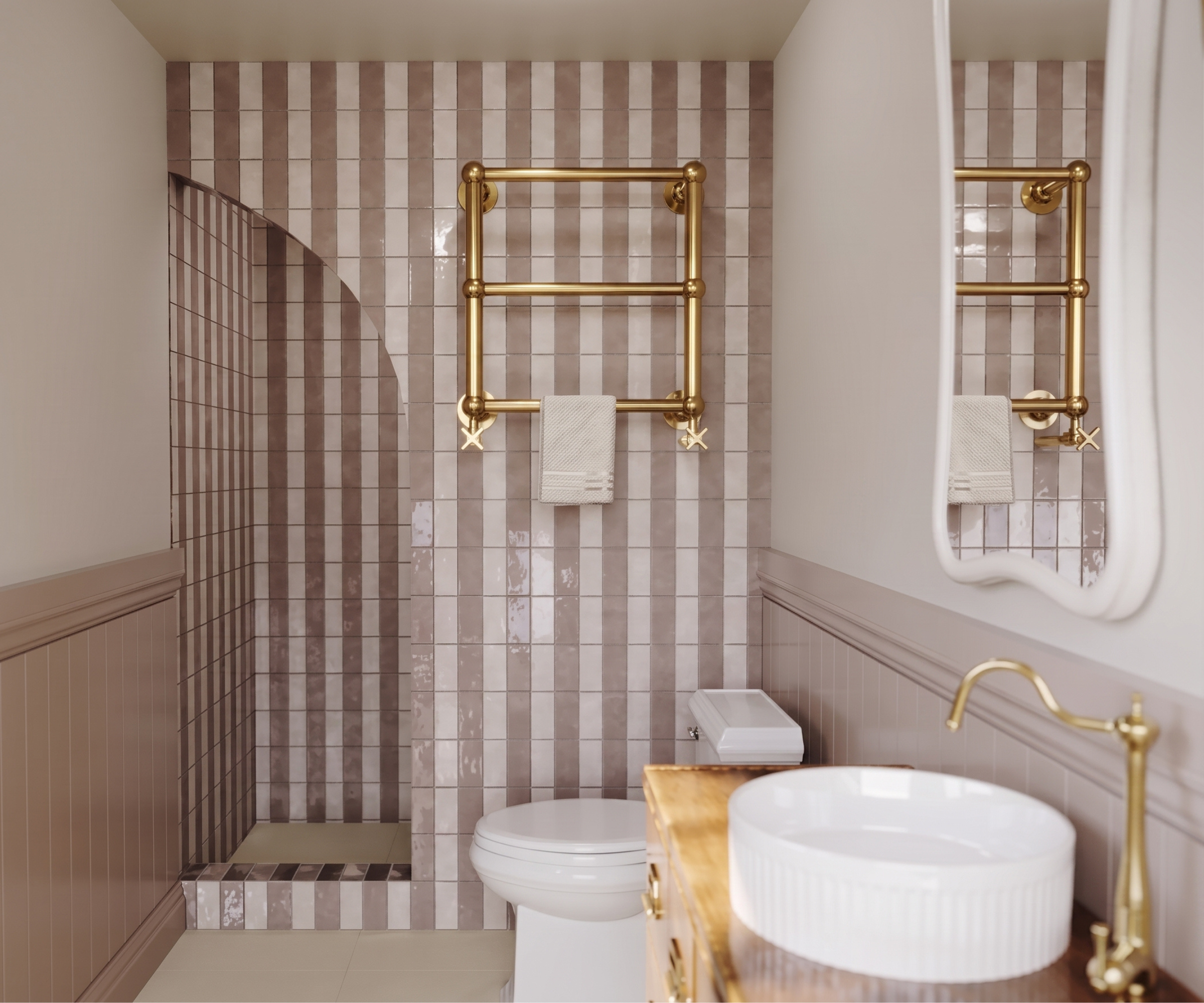 Bathroom with stripe tiles and gold brassware