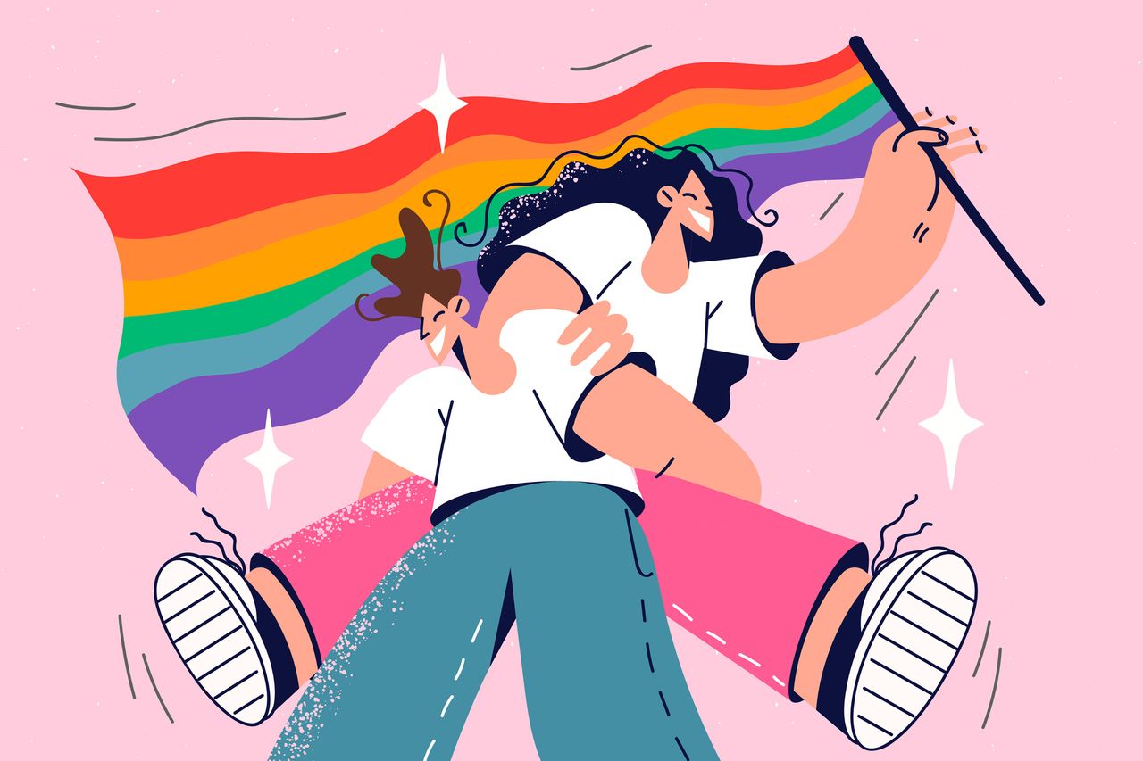 Illustration of couple with Pride flag.