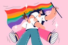 Illustration of couple with Pride flag.