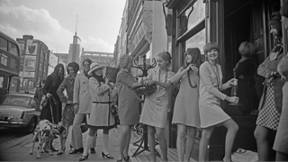 Singer Cilla Black and broadcaster Cathy McGowan are among the customers queuing to get into the new Biba boutique on Kensington Church Street