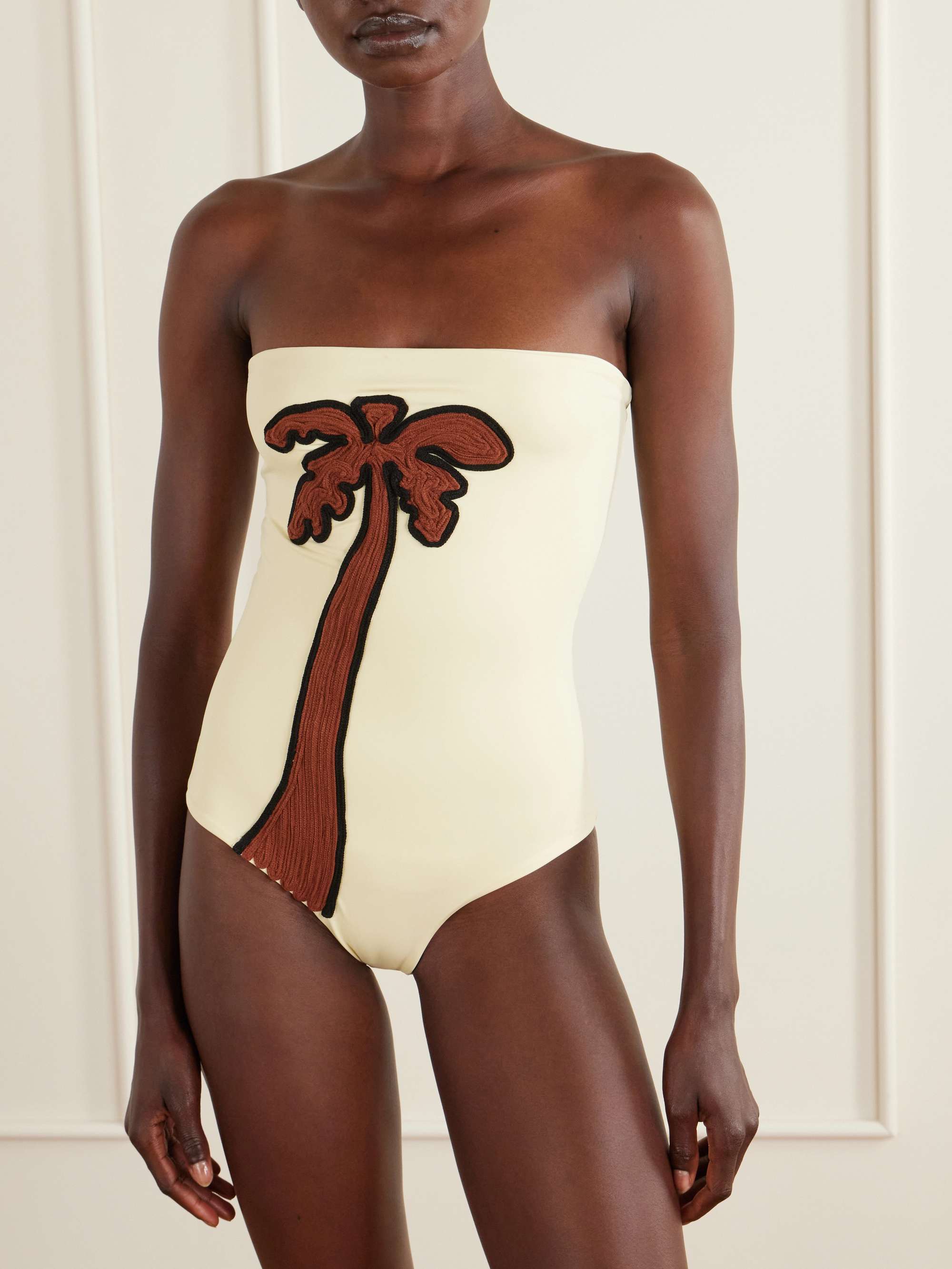 Palm Appliqu&amp;eacute;d Strapless Swimsuit