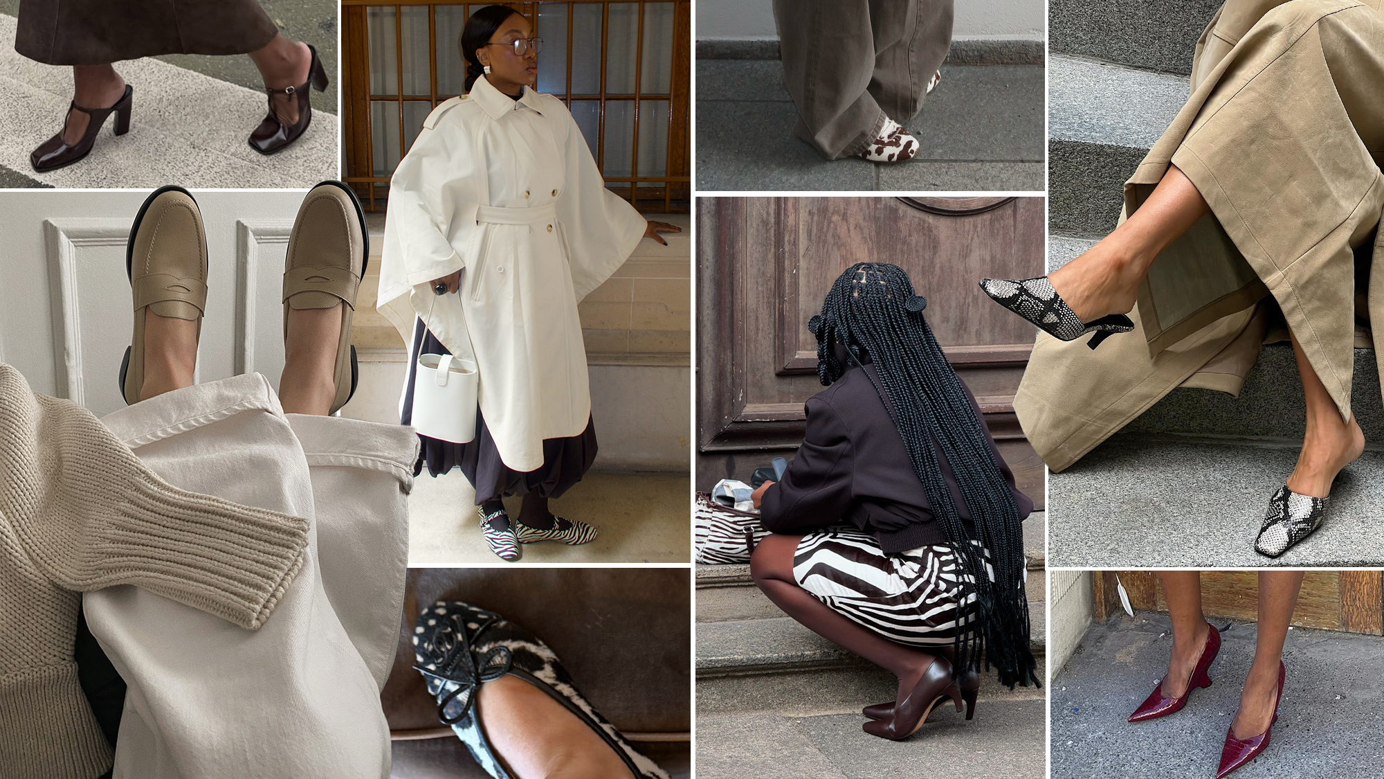 What to Wear Instead of Black Shoes: A selection of images of different shoe trends that work as alternatives 