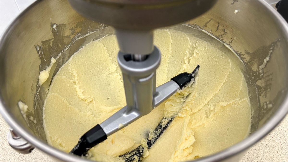 Mixing butter and sugar in the KitchenAid 7-Quart Stand Mixer