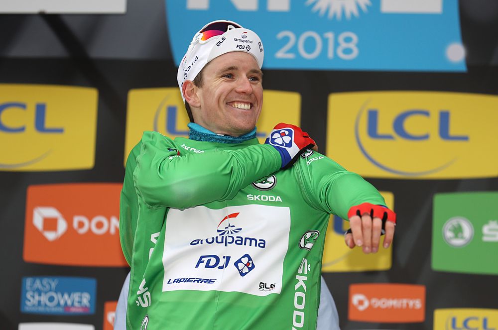 Arnaud Demare in the green jersey after stage 6 at Paris-Nice