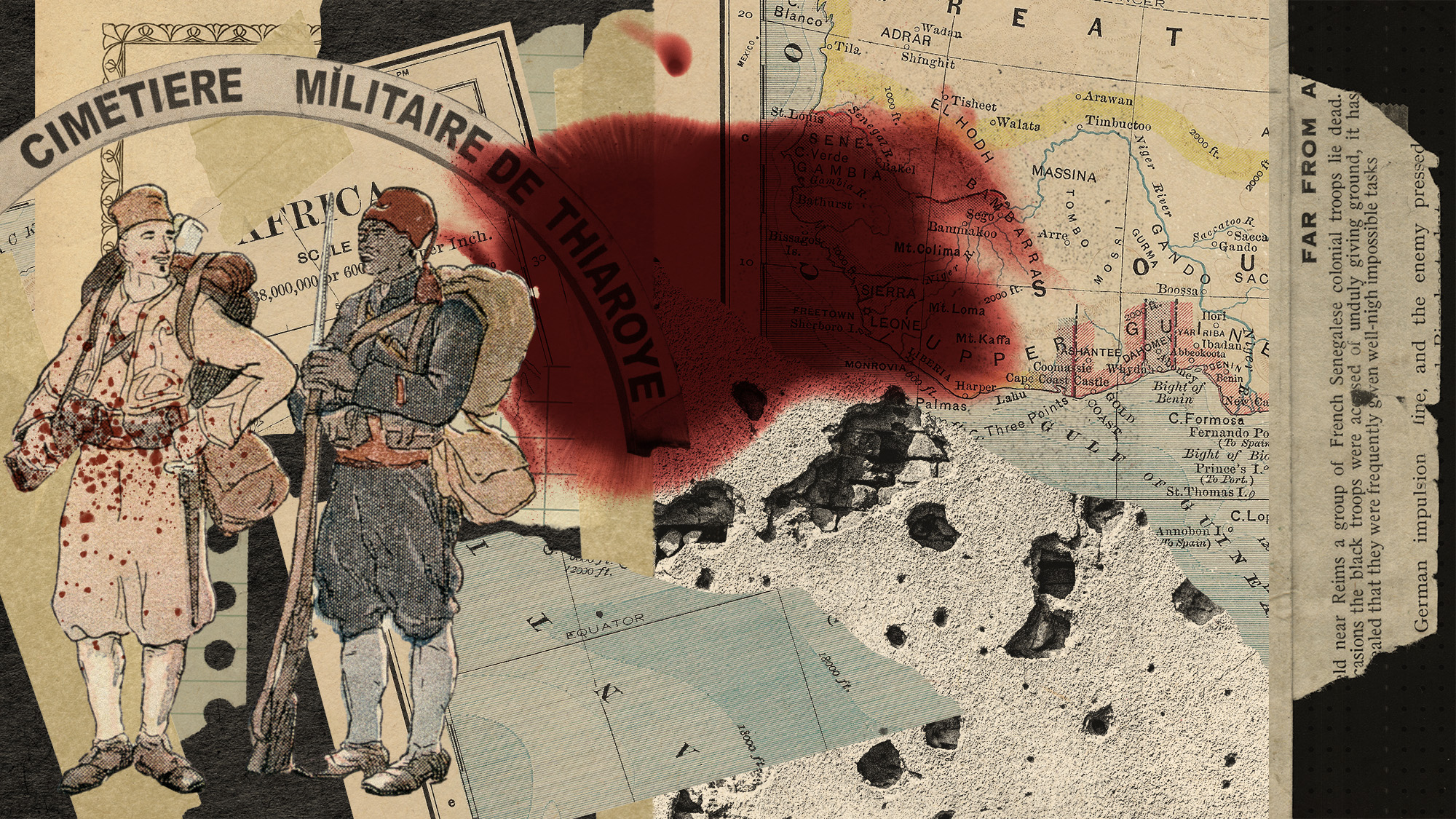 Photo collage of many jumbled scraps of paper and French colonial maps of Africa, newspaper clippings and a contemporary illustration of a Senegalese soldier next to a French colonial soldier. The latter is smiling, and sprayed with blood.