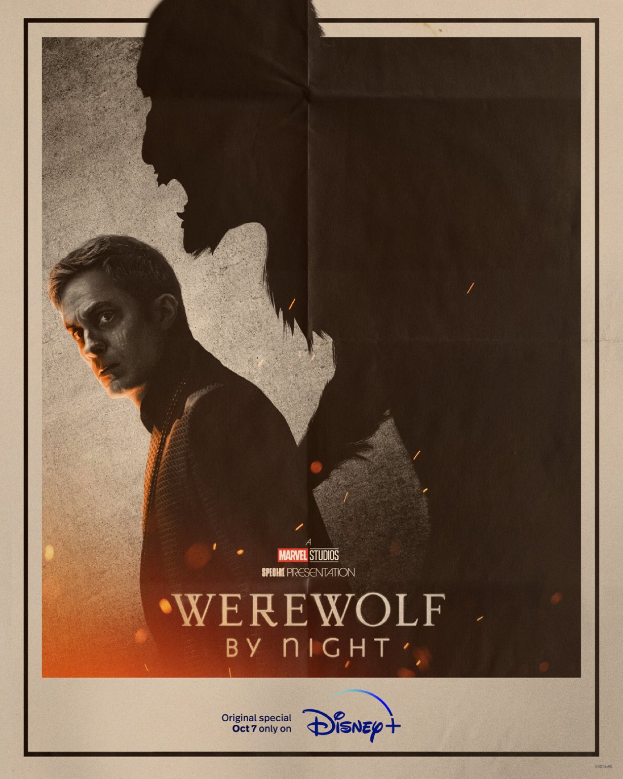 Gael Garcia Bernal and a monsterous shadow in the Werewolf By Night poster art.
