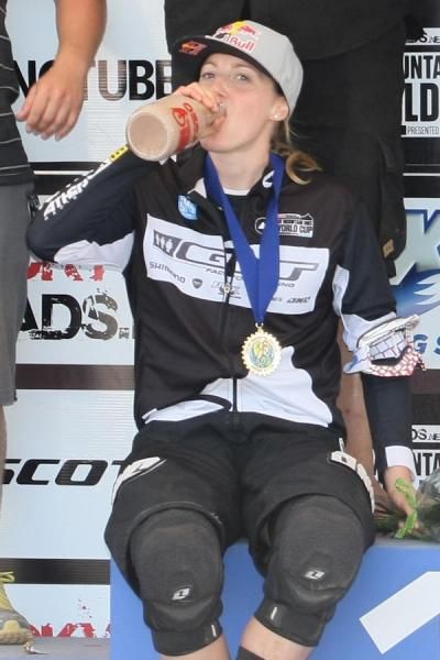 Rachel Atherton (GT Factory Team) drinks her Battenkill Dairy milk on the podium.