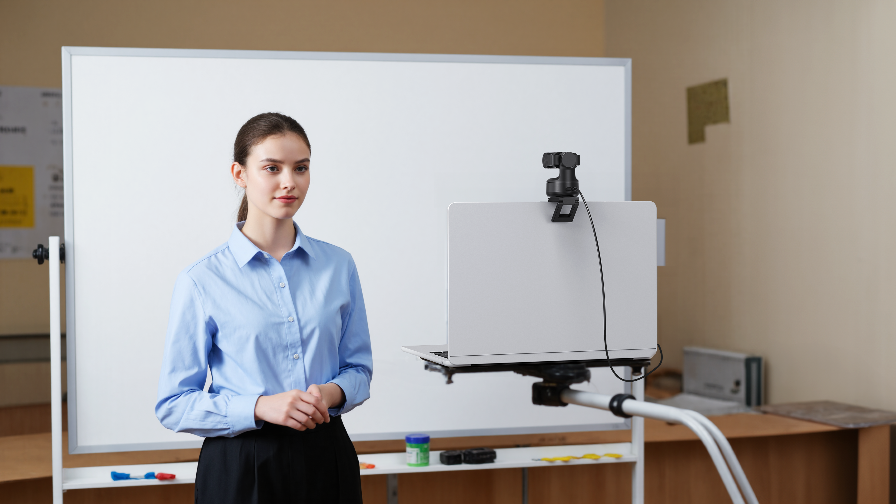 A woman in front of a whiteboard presenting via emeet Pixy