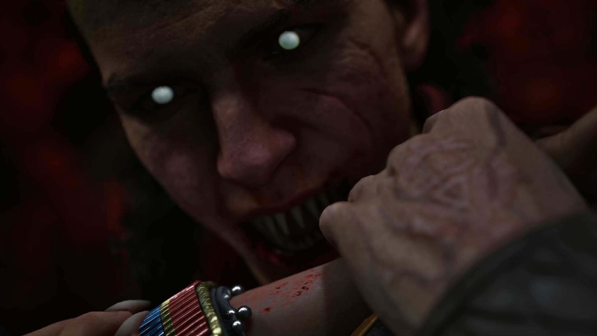 Coen feeds from someone's arm in The Blood of Dawnwalker with his white eyes wide and jagged teeth, cropped for a tighter view