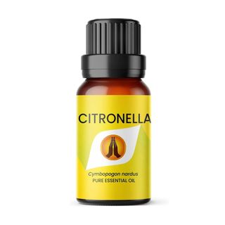 Black bottle of essential oil with a yellow label that reads 'Citronella' on the front