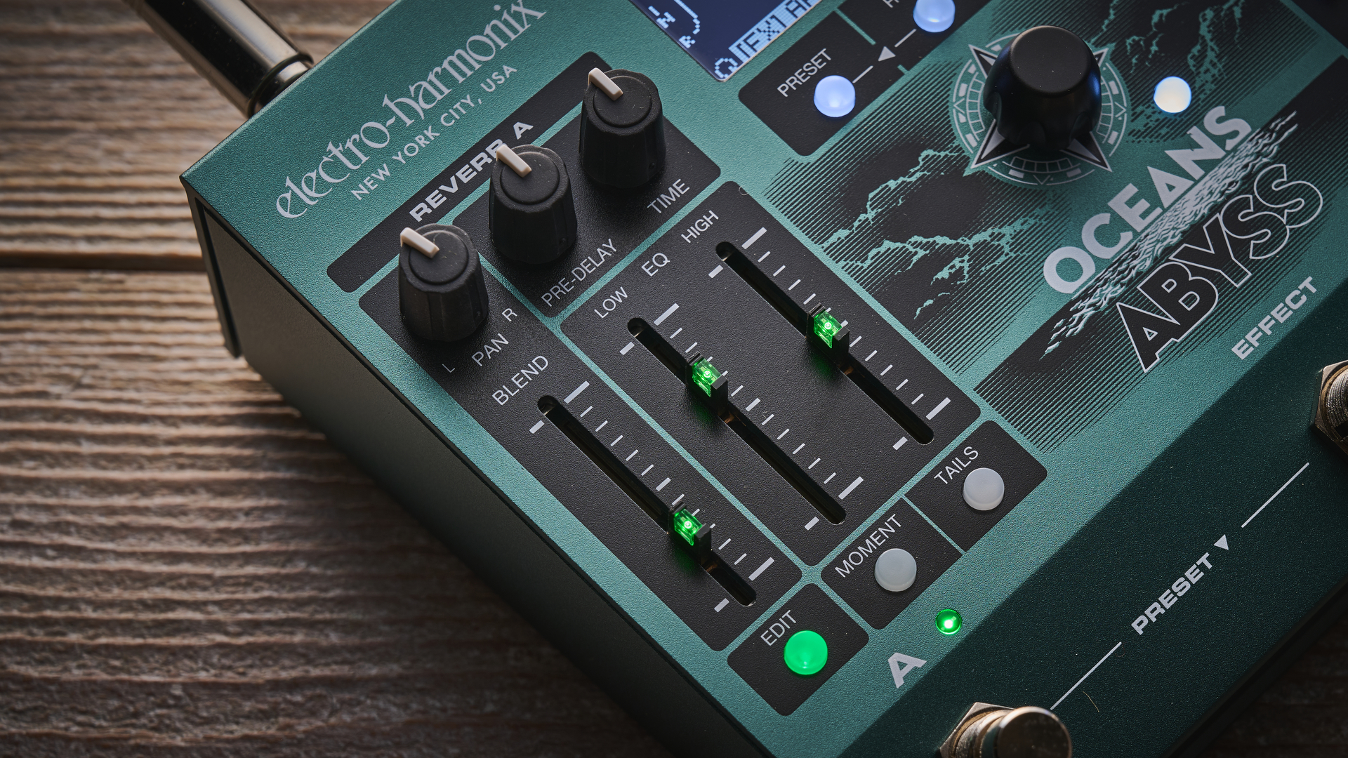 Close up of the sliders on the Electro-Harmonix Oceans Abyss reverb pedal