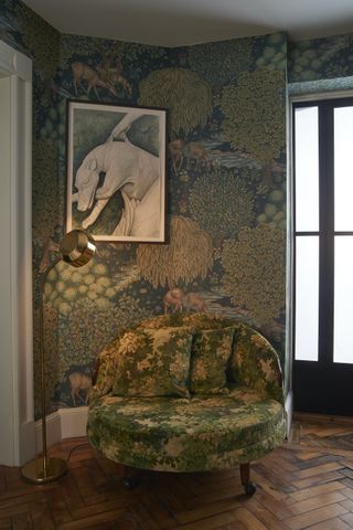 living room with botanical mural wallpaper