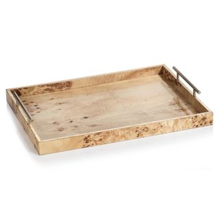 beige wooden tray with gold handles
