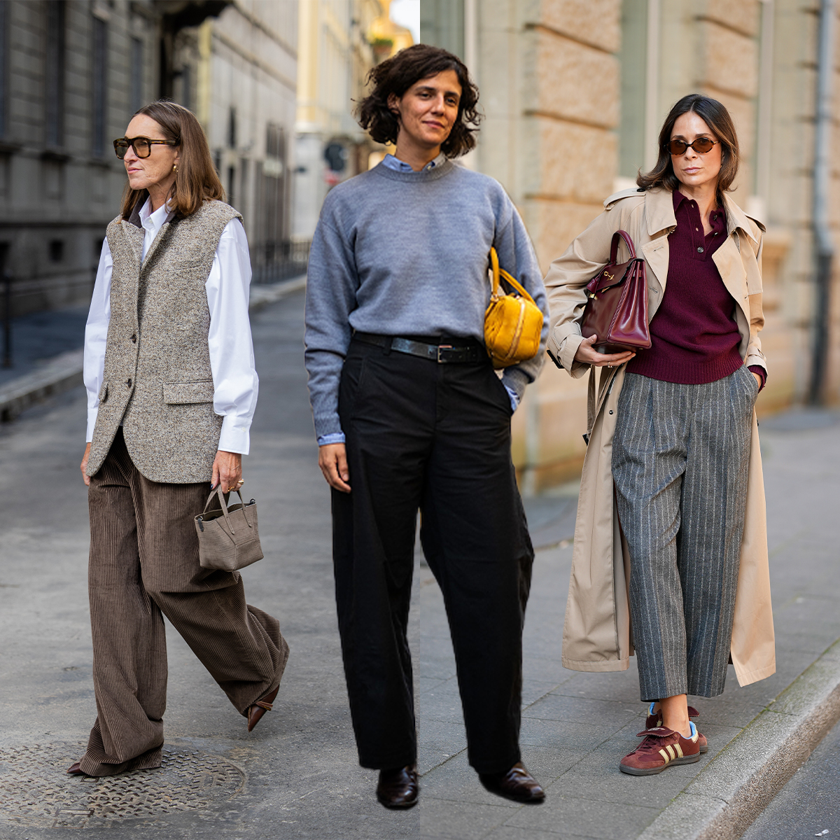Woman in corduroy pants, vest, and button-down. Person in a grey crewneck sweater, black trousers, and shoes. Woman in grey trousers, trench coat, and red polo sweater. 