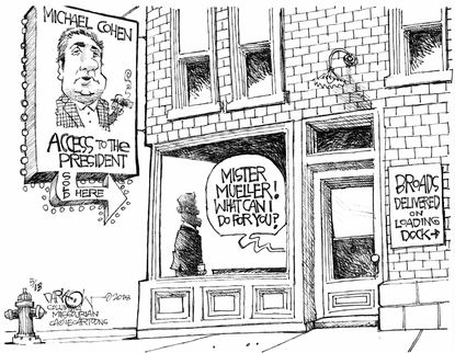 Political cartoon U.S. Michael Cohen fixer Trump access Robert Mueller FBI Russia investigation